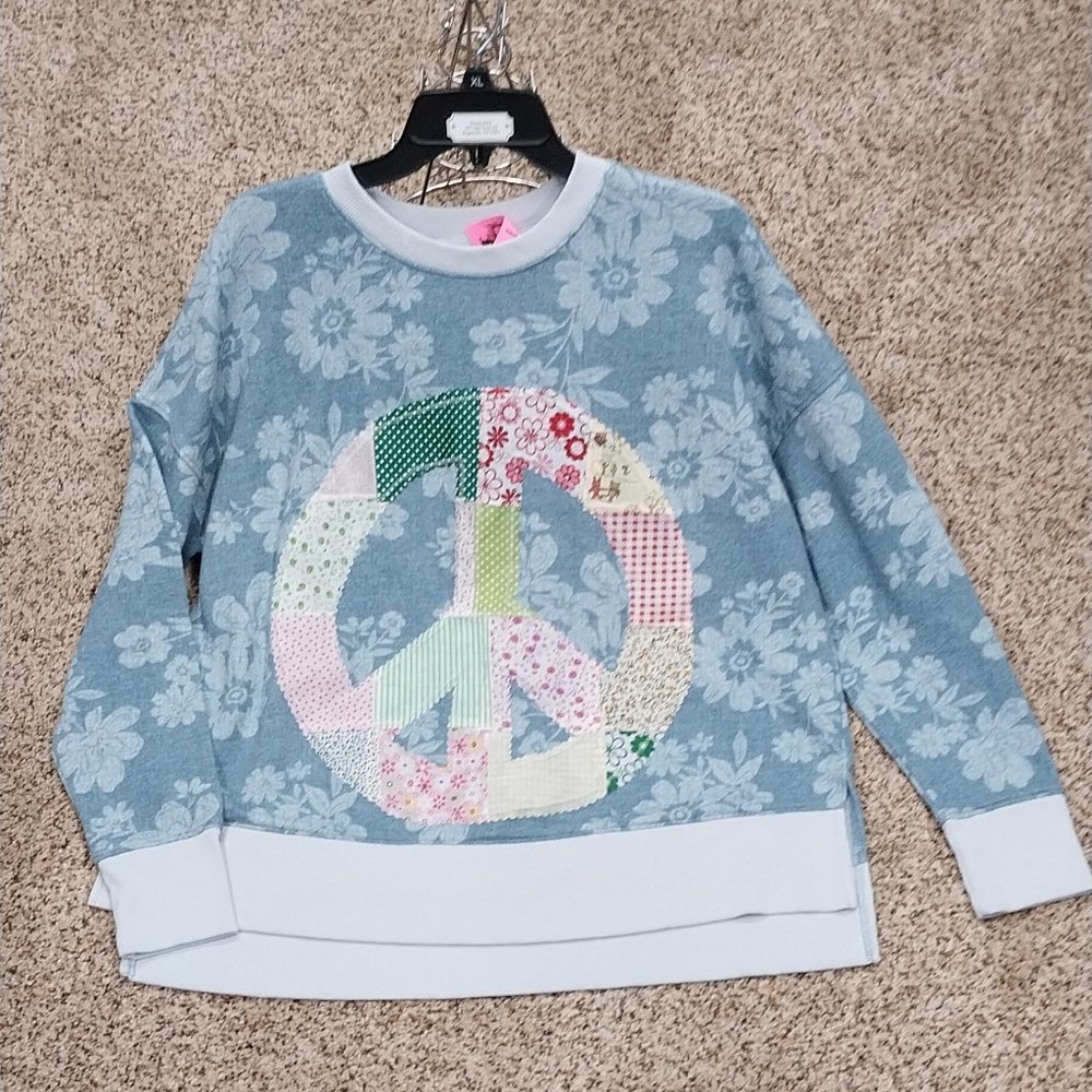 2803- Time and Tru Size Large Upcycled Patch Peace Sign Sweat Shirt. - Picture 1 of 6